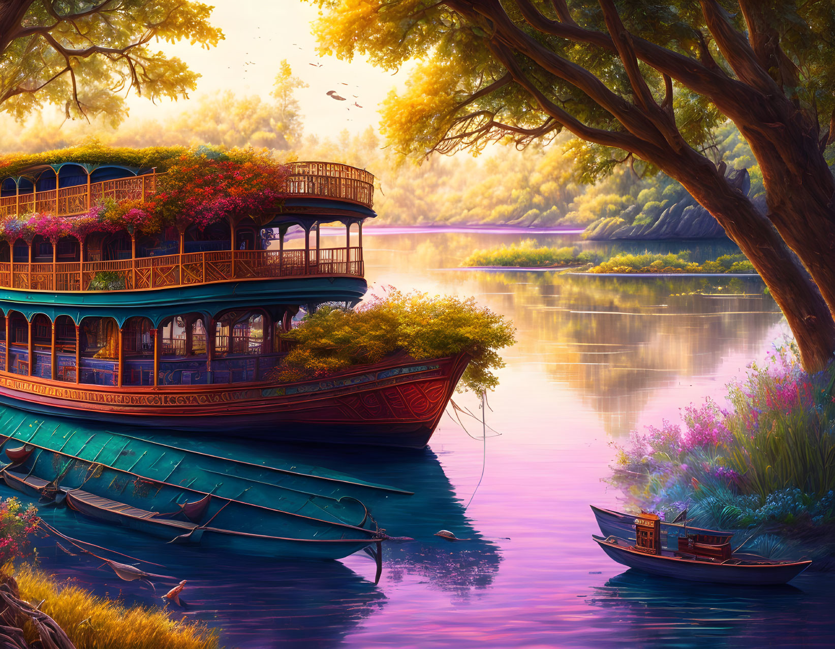 Tranquil river scene with ornate houseboat, lush tree, and golden light