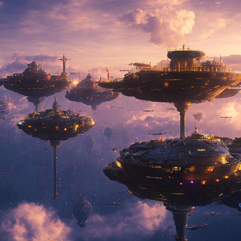 Futuristic cityscape with floating structures in golden sunset light