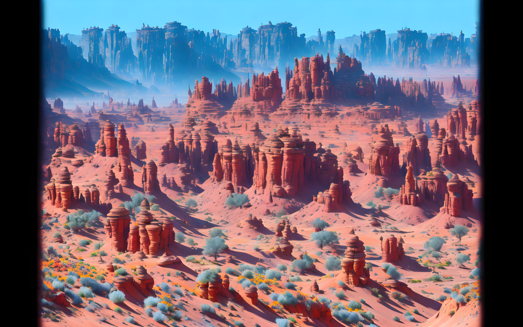 Red Desert Landscape with Towering Rock Formations and Green Shrubbery