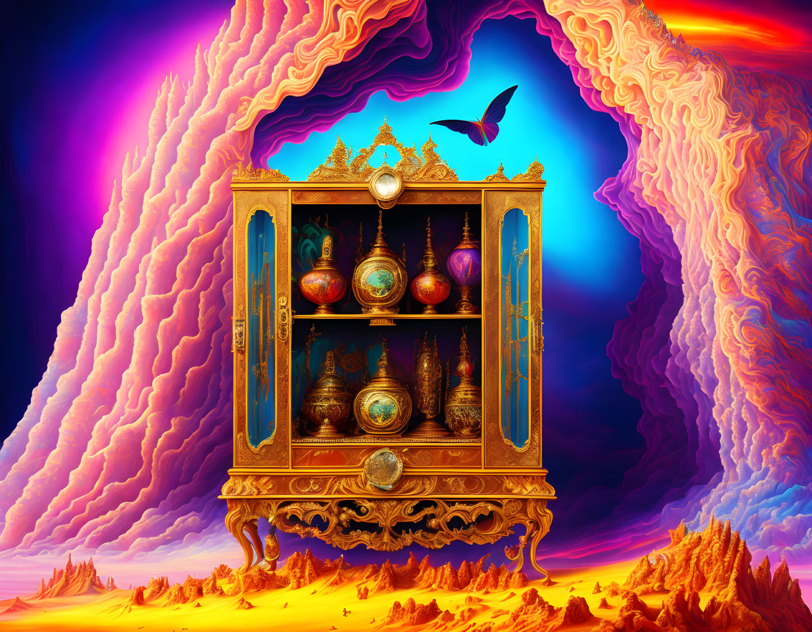 Surreal landscape with swirling clouds, golden cabinet, orbs, butterfly