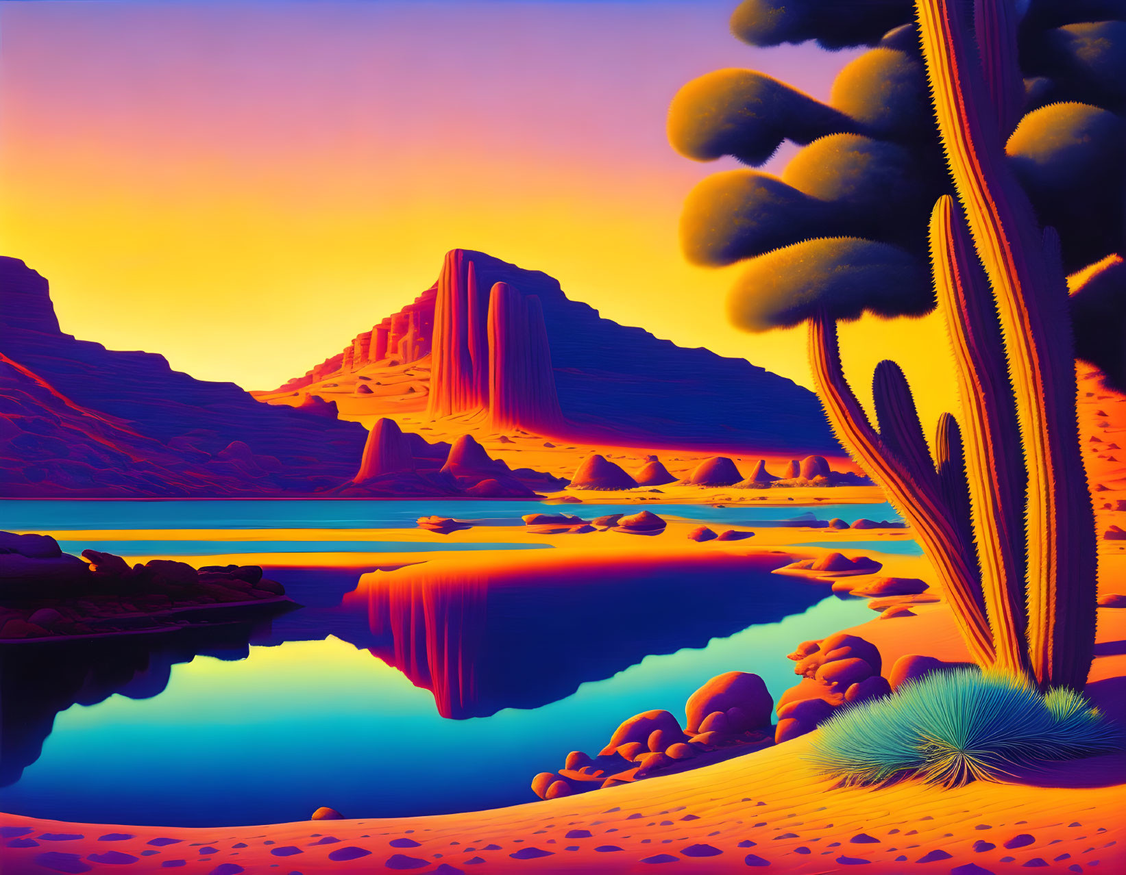 Surreal desert landscape with blue lake and tall cacti