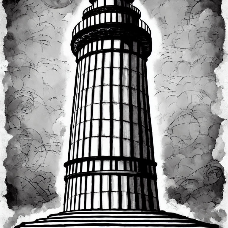 Monochrome illustration: Towering lighthouse against cloudy sky