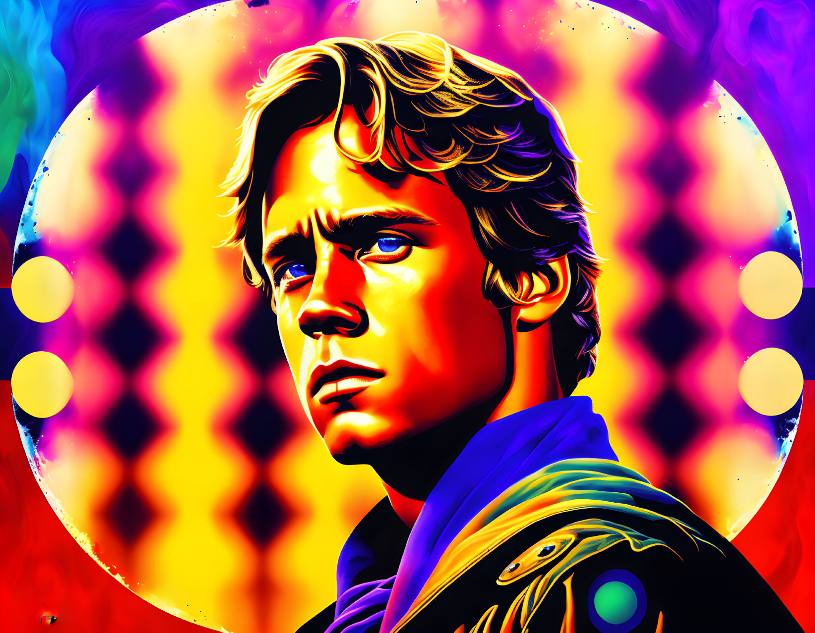 Colorful portrait of man with wavy hair on vibrant, psychedelic background.