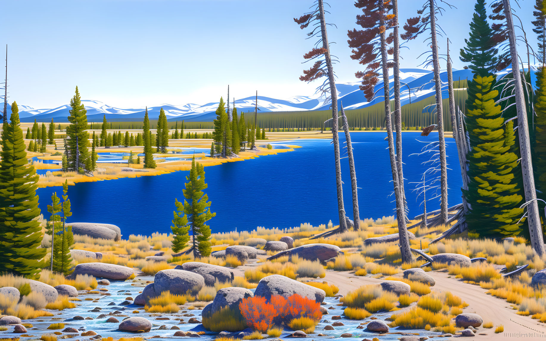 Tranquil landscape: blue river, golden grasslands, evergreen trees, distant mountains