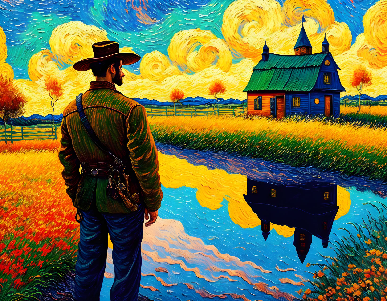 Cowboy by reflective river with rustic cabin in Van Gogh-inspired landscape.