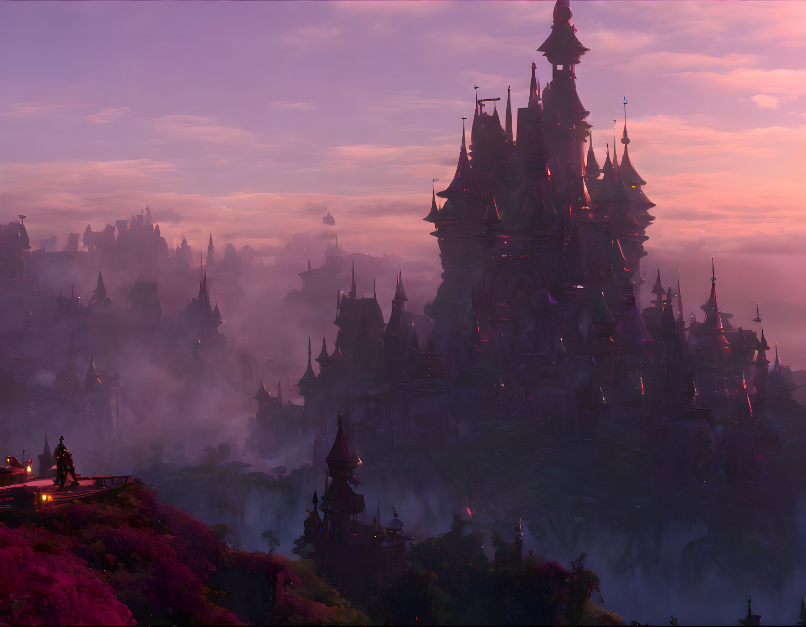 Majestic castle in fantastical dusk landscape