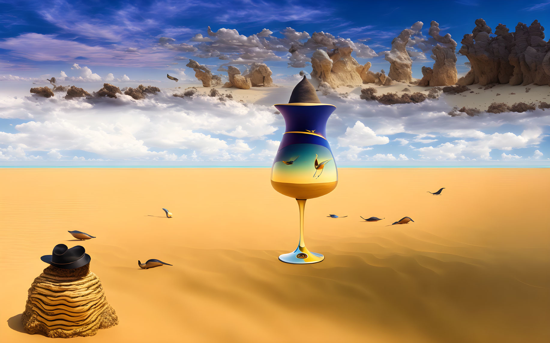 Surreal desert landscape with inverted hourglass, floating rocks, mesa hat, and birds with hats