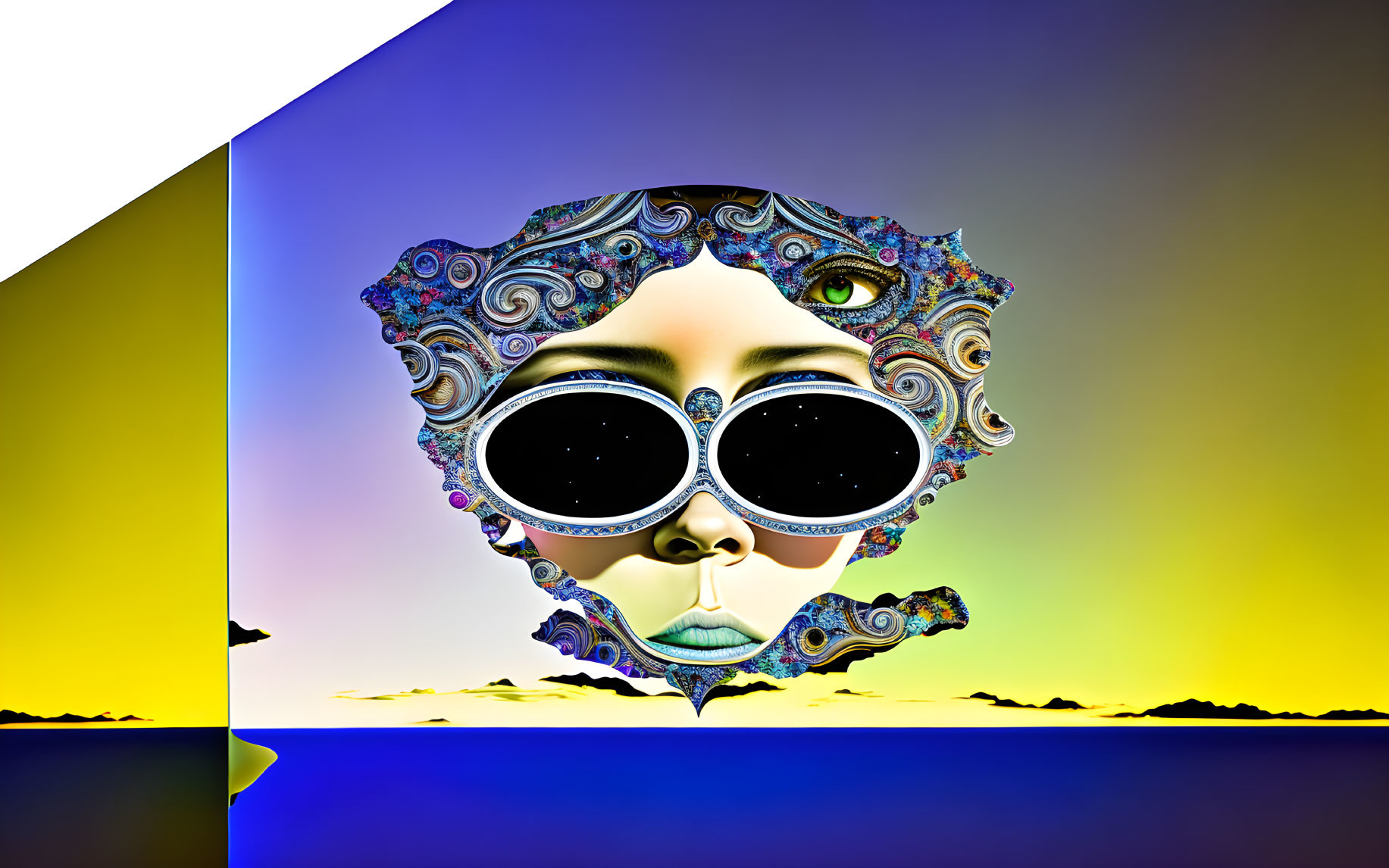 Abstract portrait with oversized sunglasses on vibrant background