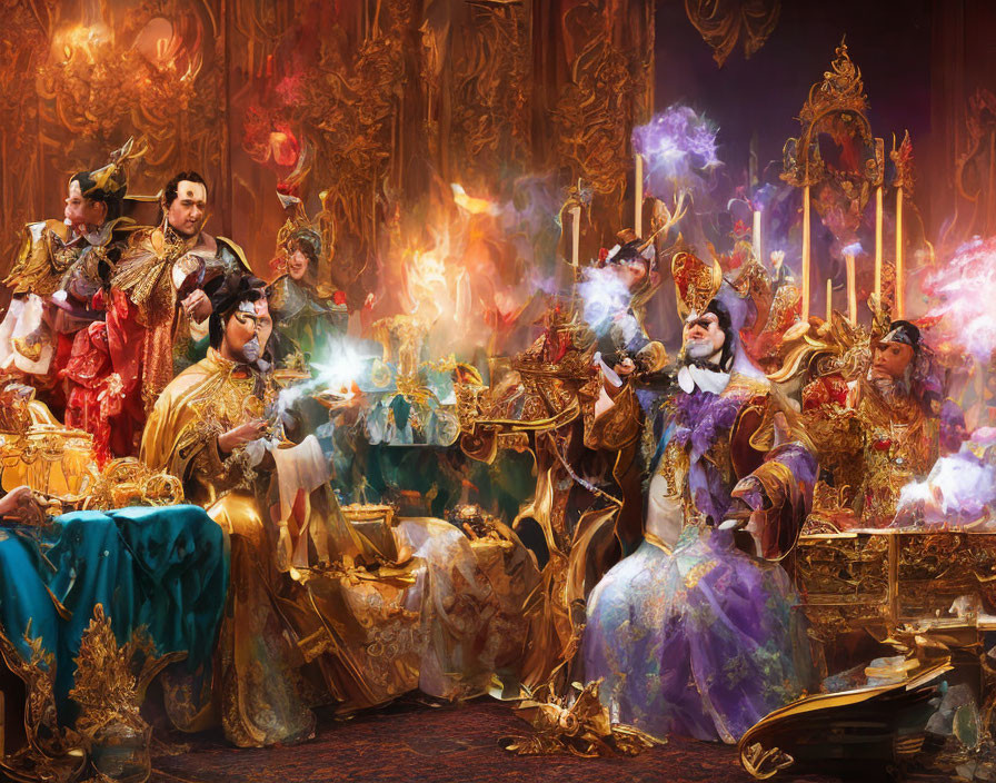 Opulent fantasy scene with individuals in golden costumes performing magical ritual.