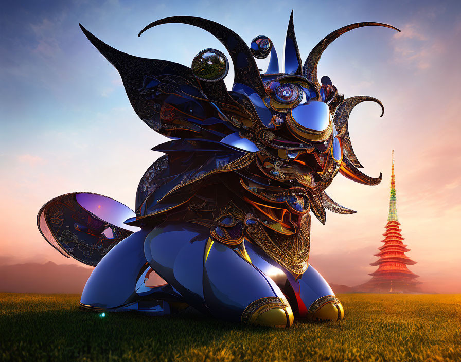 Colorful samurai armor-clad creature in field at sunset with Japanese pagoda