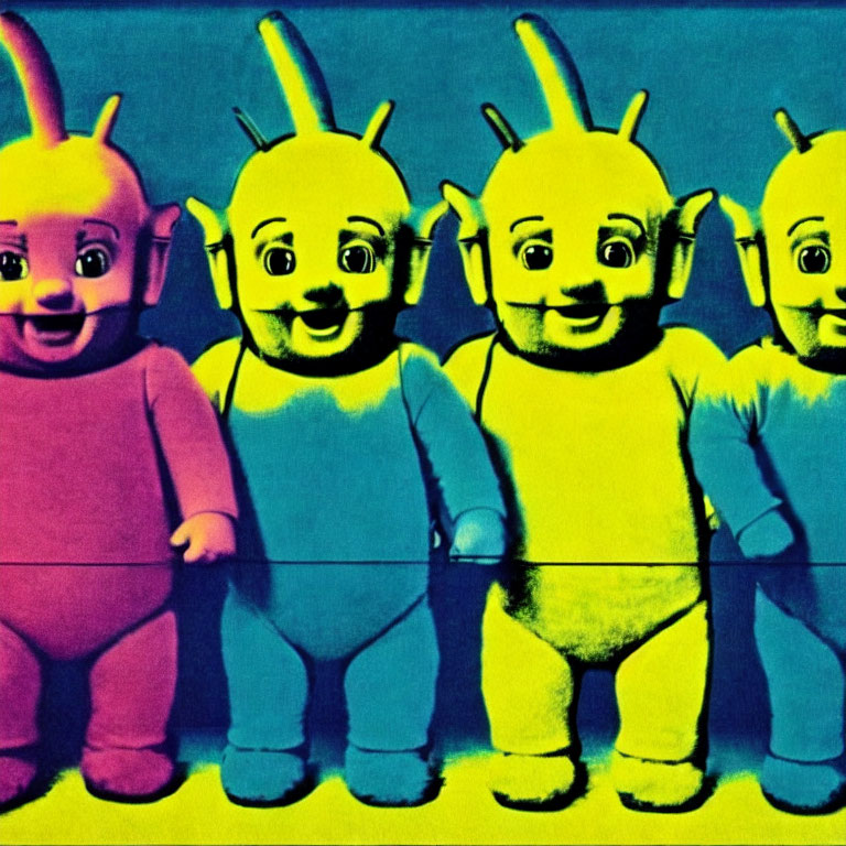 Colorful Teletubbies Figures on Yellow and Blue Gradient Background