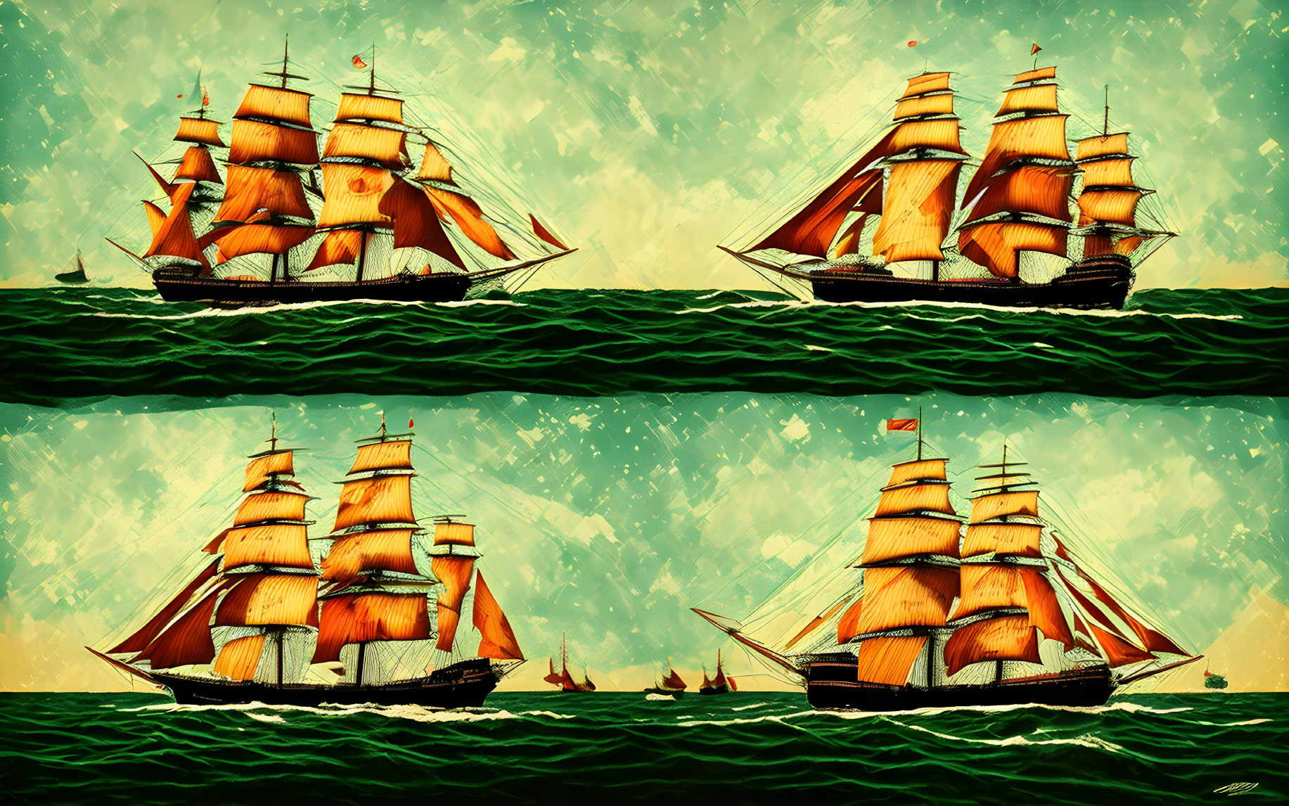 Vintage sailing ship illustrations in a two-by-two grid on textured turquoise backdrop