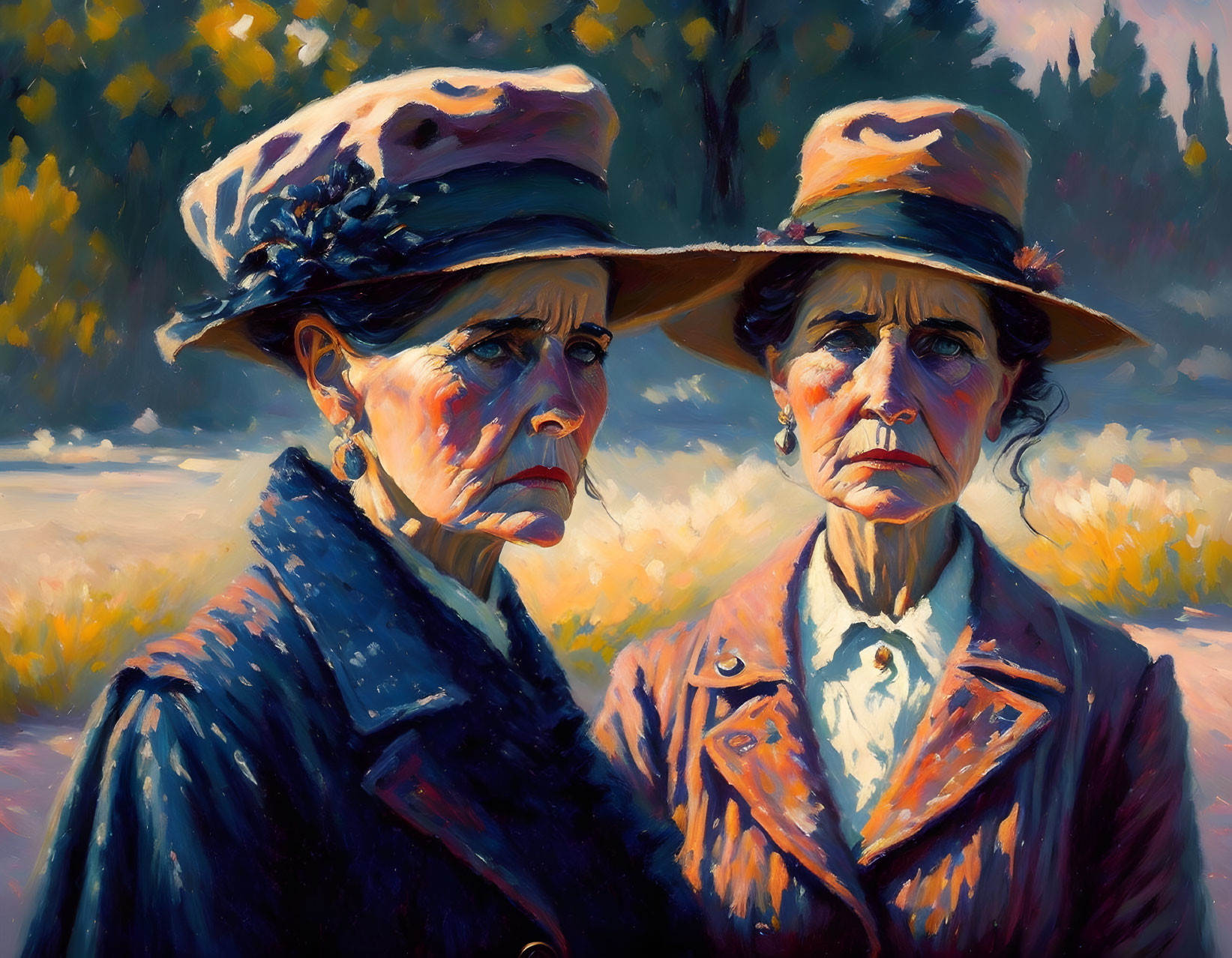 Two older women in vintage hats and coats in a field with blurred background.