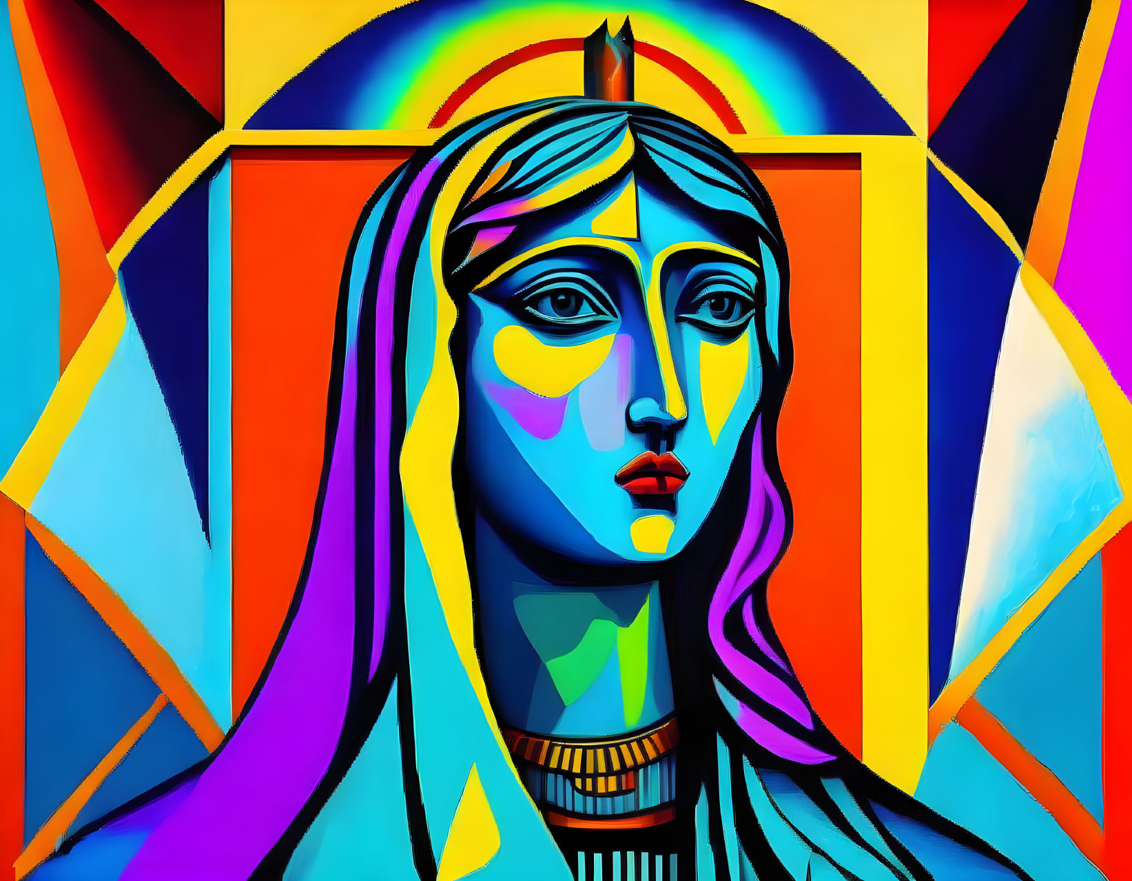 Vivid abstract portrait of a woman with geometric patterns in rainbow colors