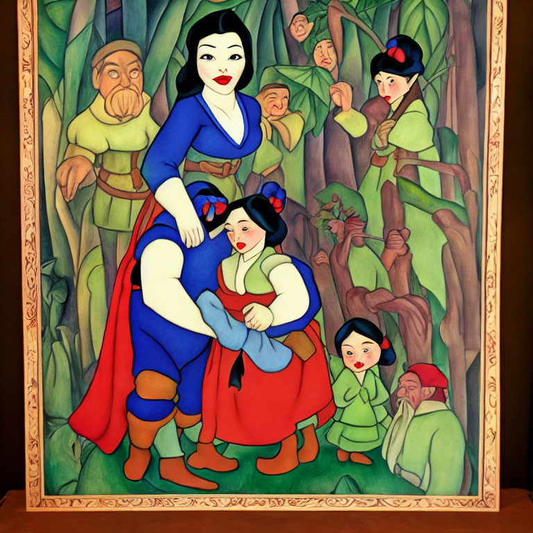 Colorful Snow White and Seven Dwarfs in Stylized Forest Setting