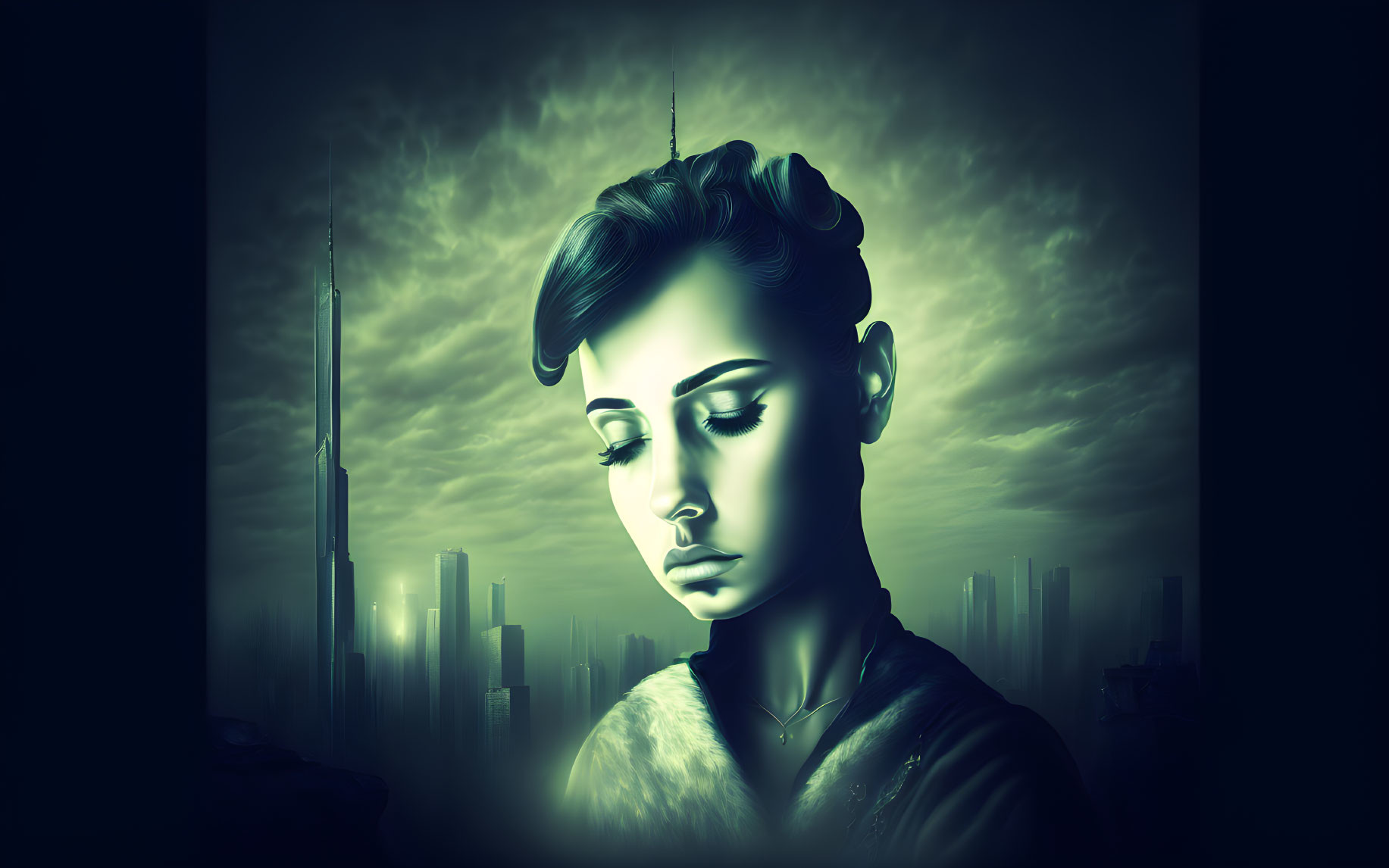 Monochrome blue-green profile portrait against futuristic cityscape