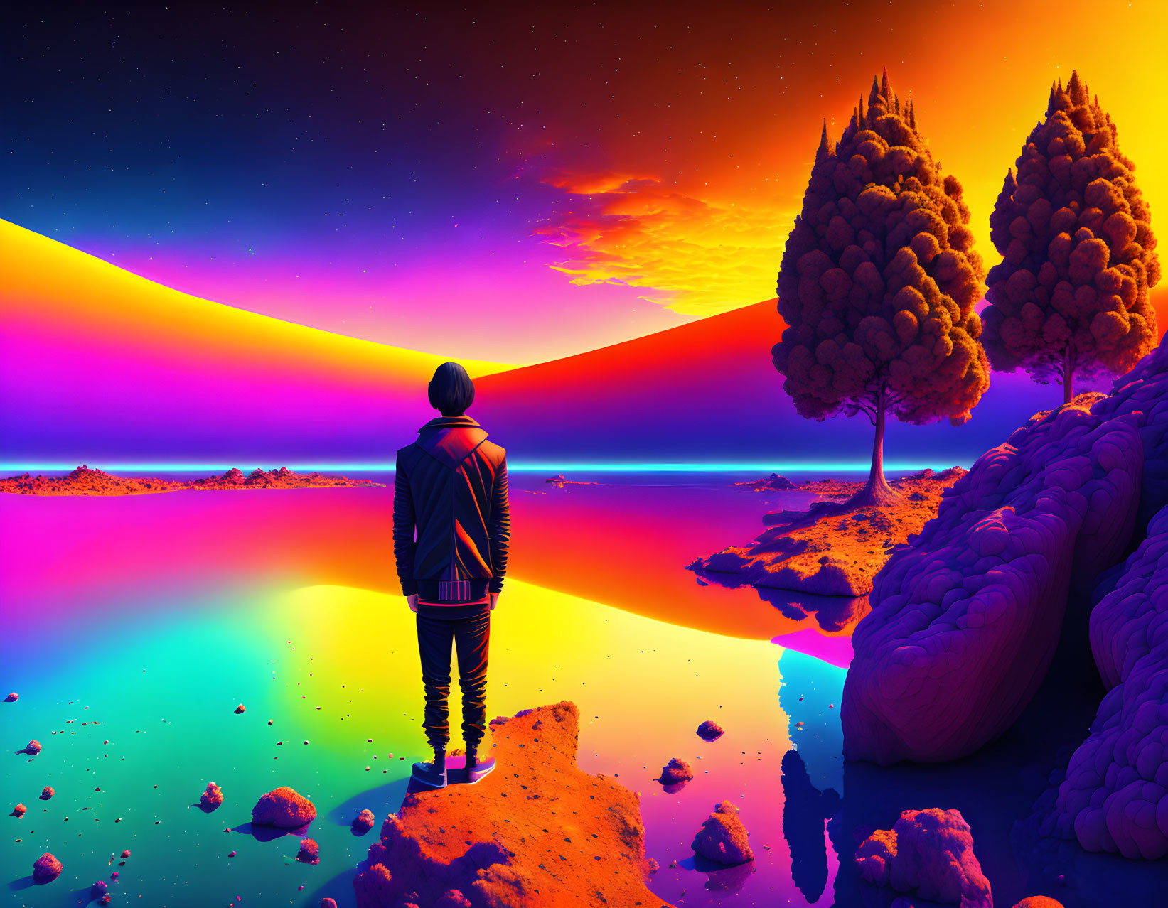 Surreal colorful lake at twilight with vibrant sky and stylized trees