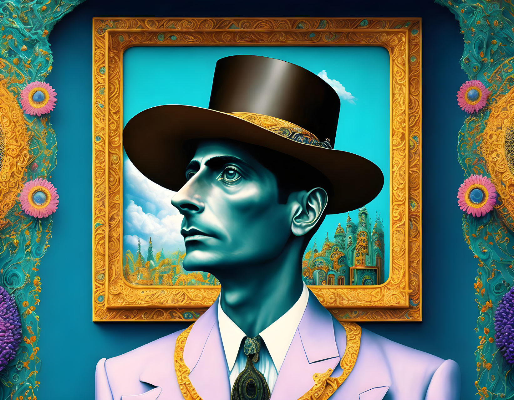 Man with Top Hat in Surreal Portrait with Ornate Details and Blue Background