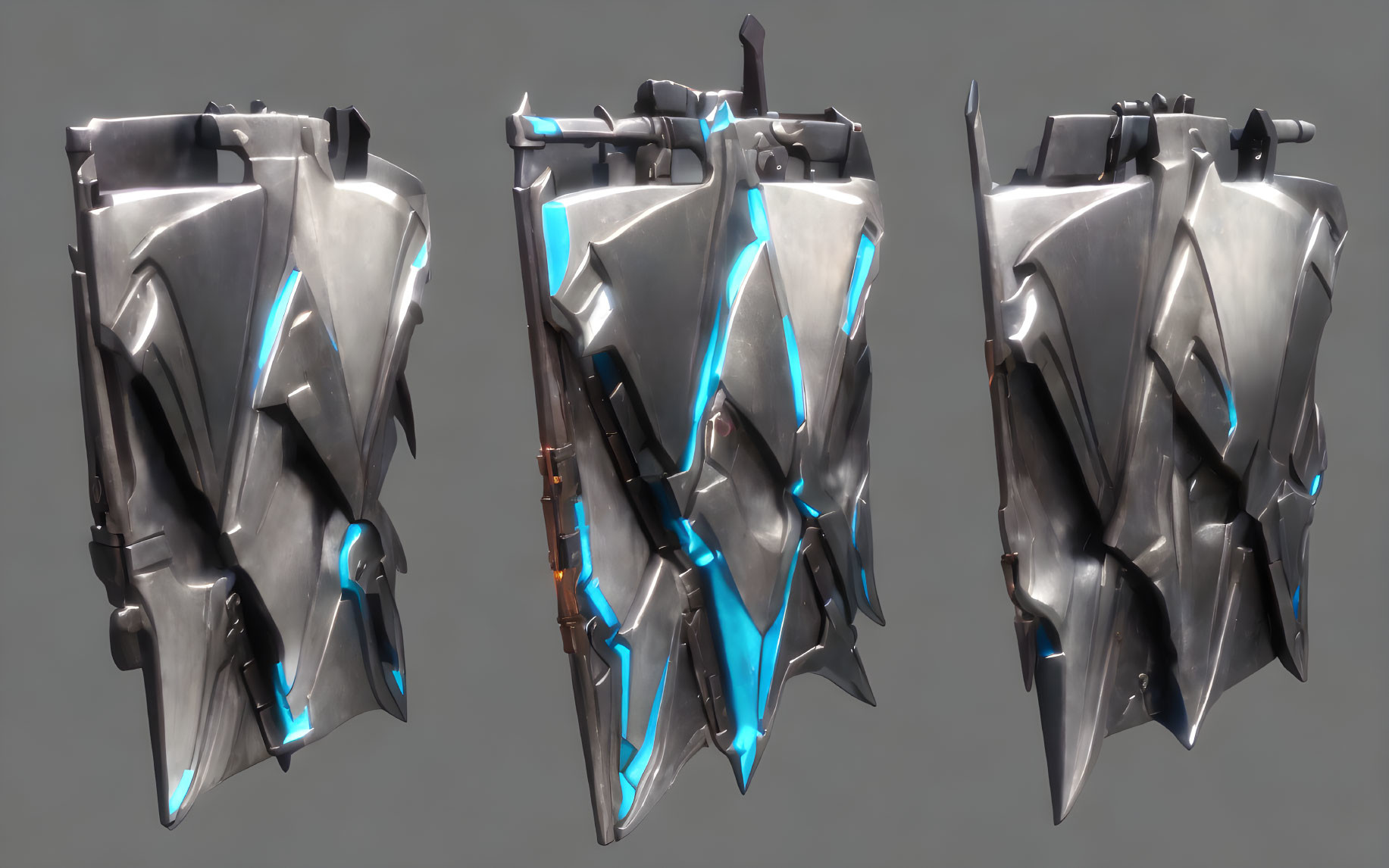 Futuristic metal shield with blue glowing accents from front, angled, and side views