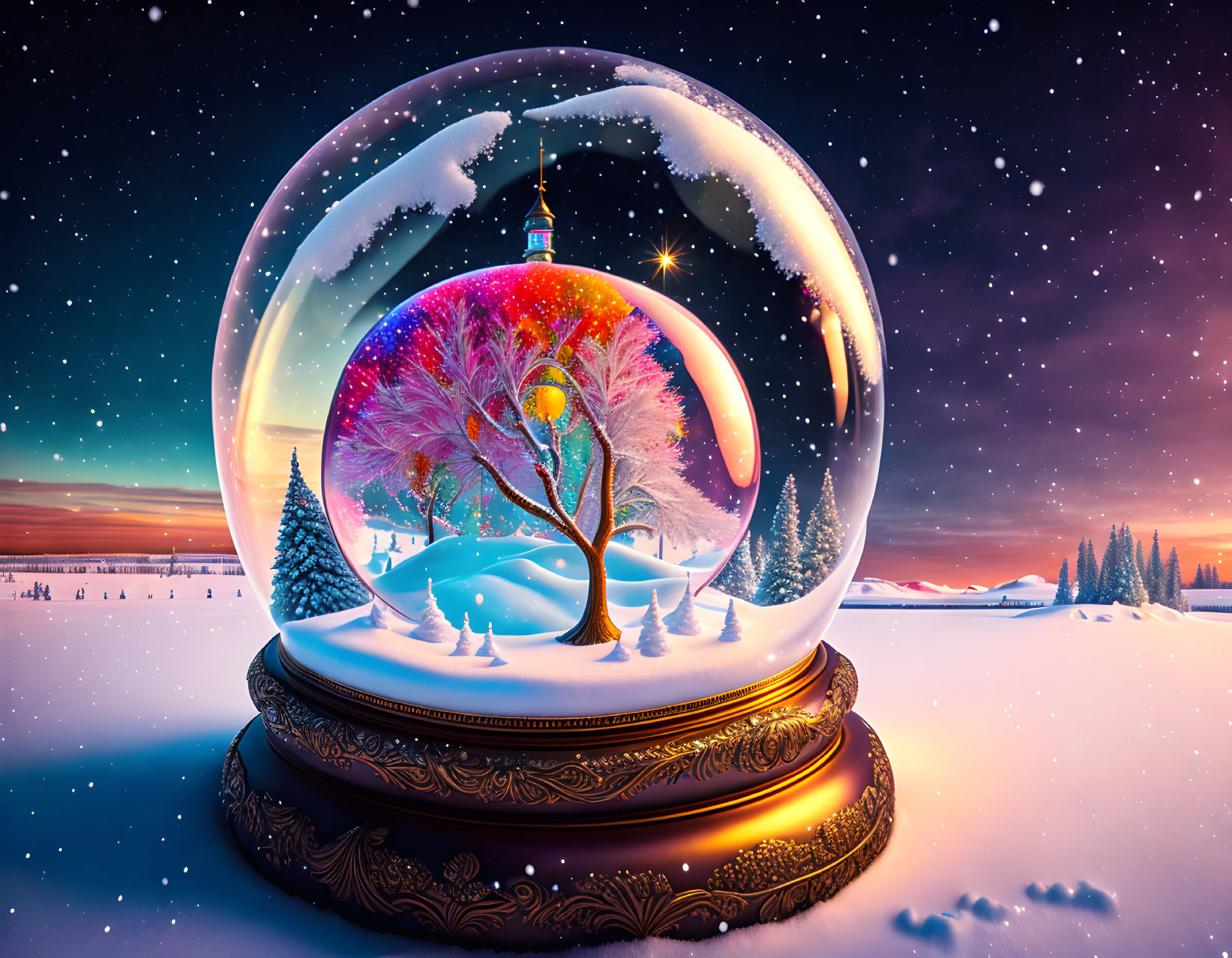 Snow globe with tree, lantern, and snowfall under twilight sky