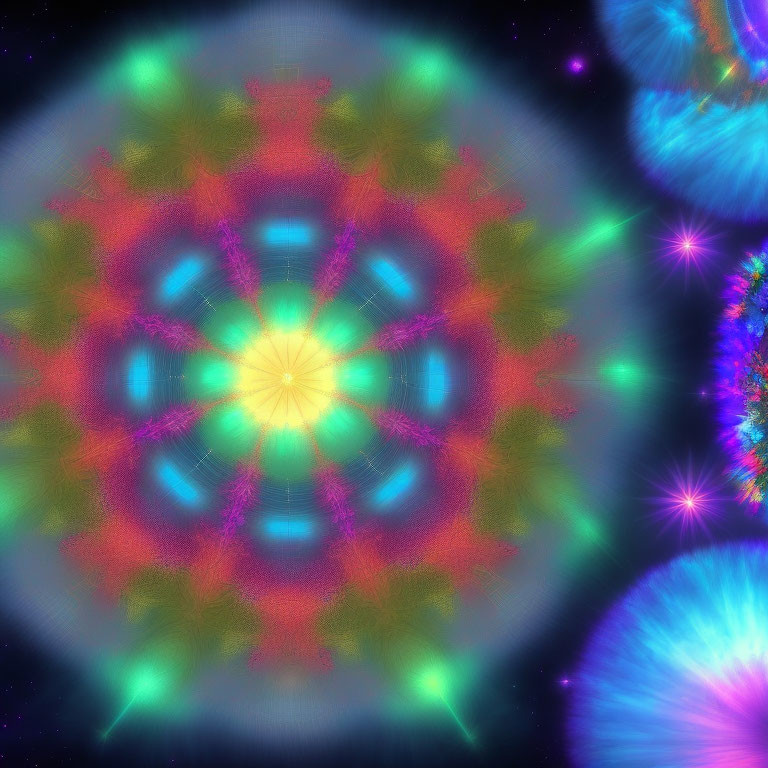 Symmetrical neon fractal art in blue, pink, and green on dark background