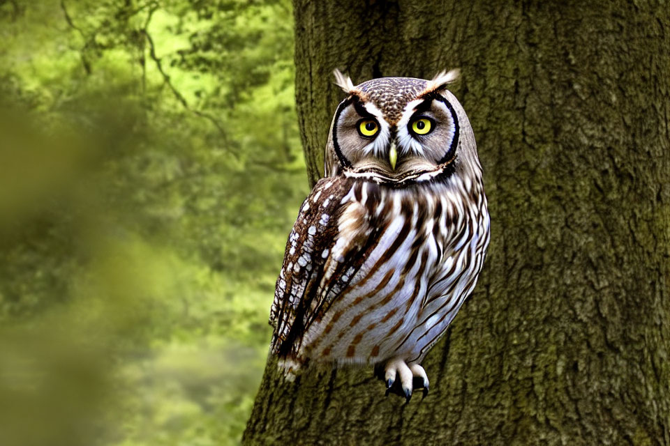 Striped owl with yellow eyes on tree trunk in green forest