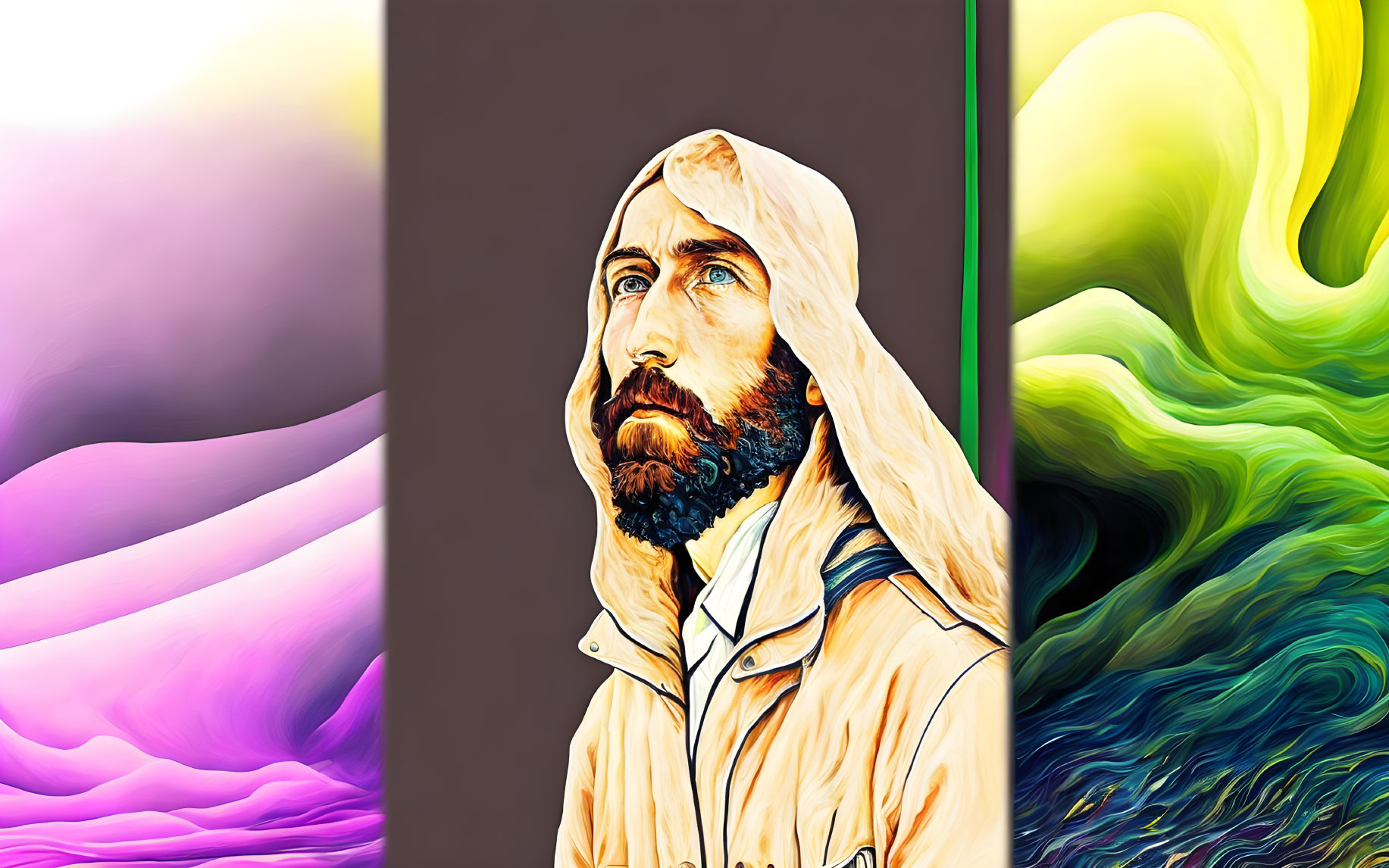 Digitally altered surreal image of bearded man with split vibrant background