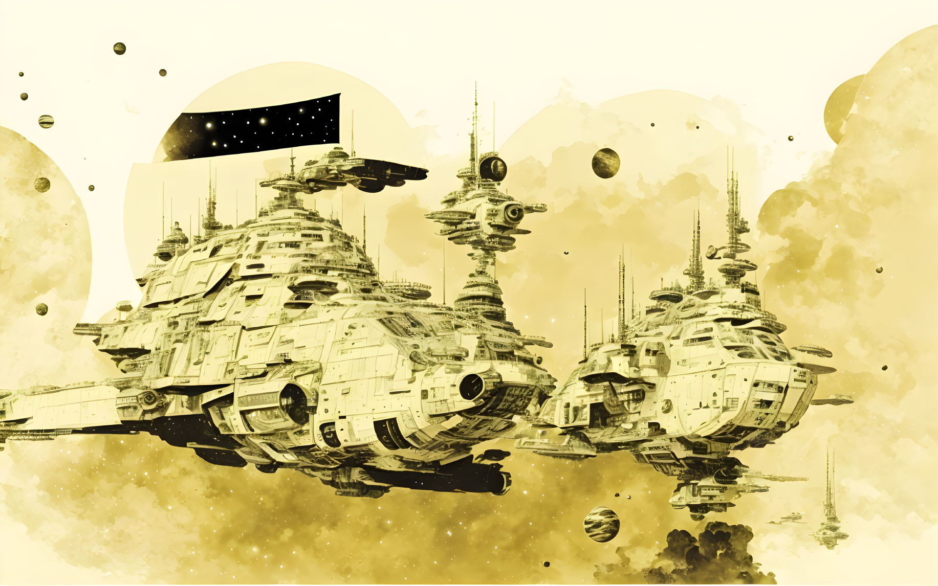 Futuristic space station with towers and spacecraft in sepia tones