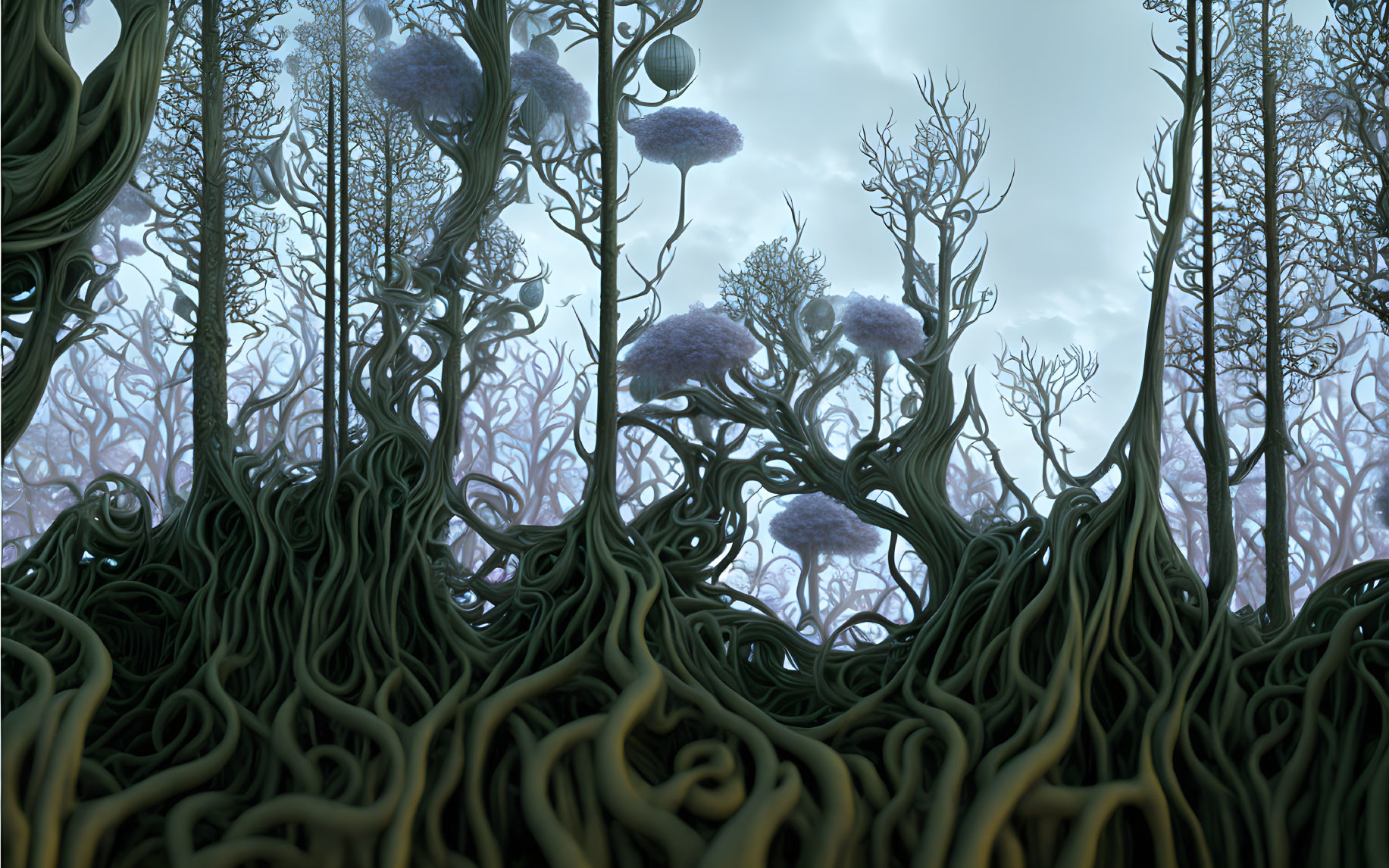 Twisted vine-like trees in mystical forest with fluffy blue plants