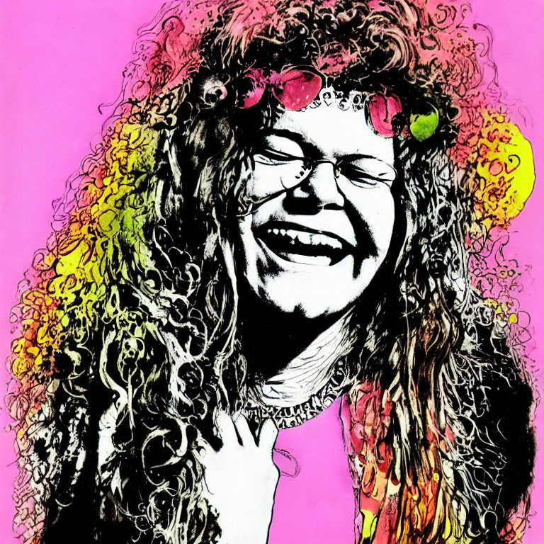 Colorful portrait of smiling person with curly hair and pink sunglasses on pink background