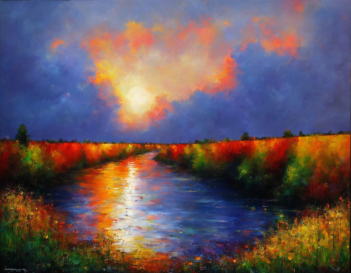 Scenic painting of radiant sunset over tranquil river