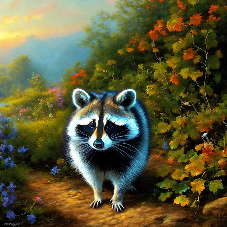 Raccoon in autumn forest with sunset landscape