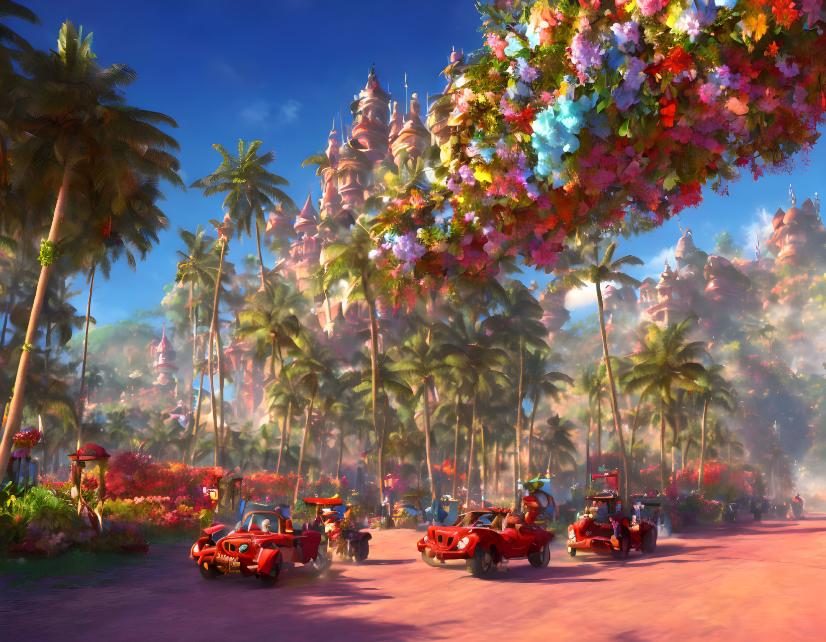 Colorful animated scene: red cars racing near pink castle and lush flora