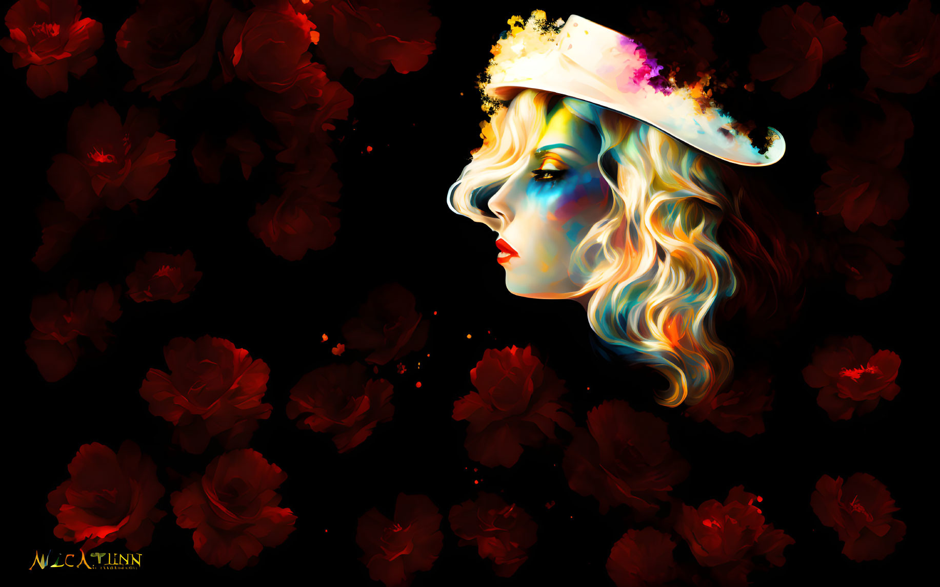 Digital artwork: Woman in profile with glowing skin & red roses on black background