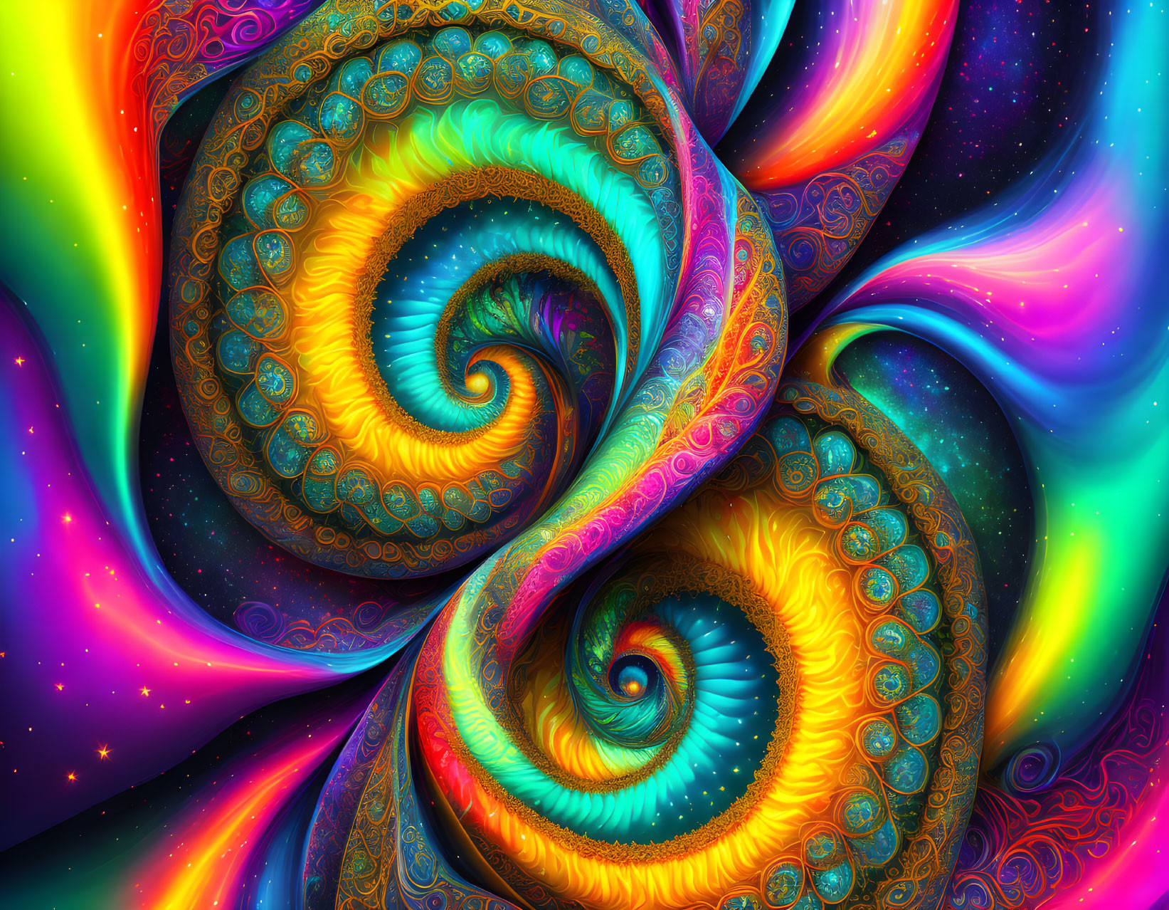 Colorful Fractal Art: Intertwined Spirals on Cosmic Background