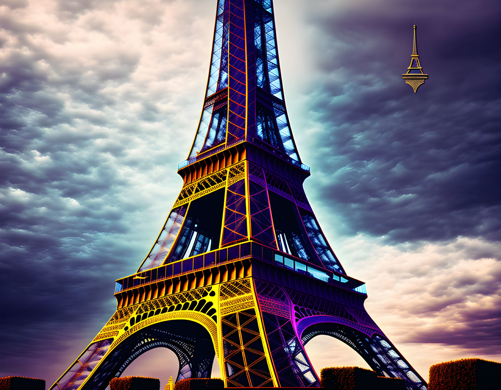 Eiffel Tower illuminated at dusk with dramatic sky and vibrant colors