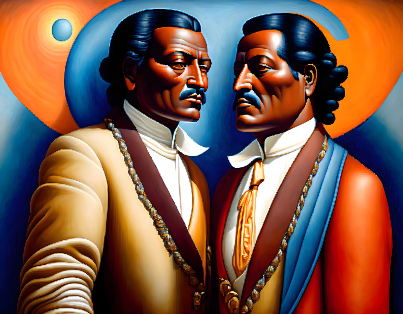 Identical Men in Historical Dress Portrait Against Abstract Background