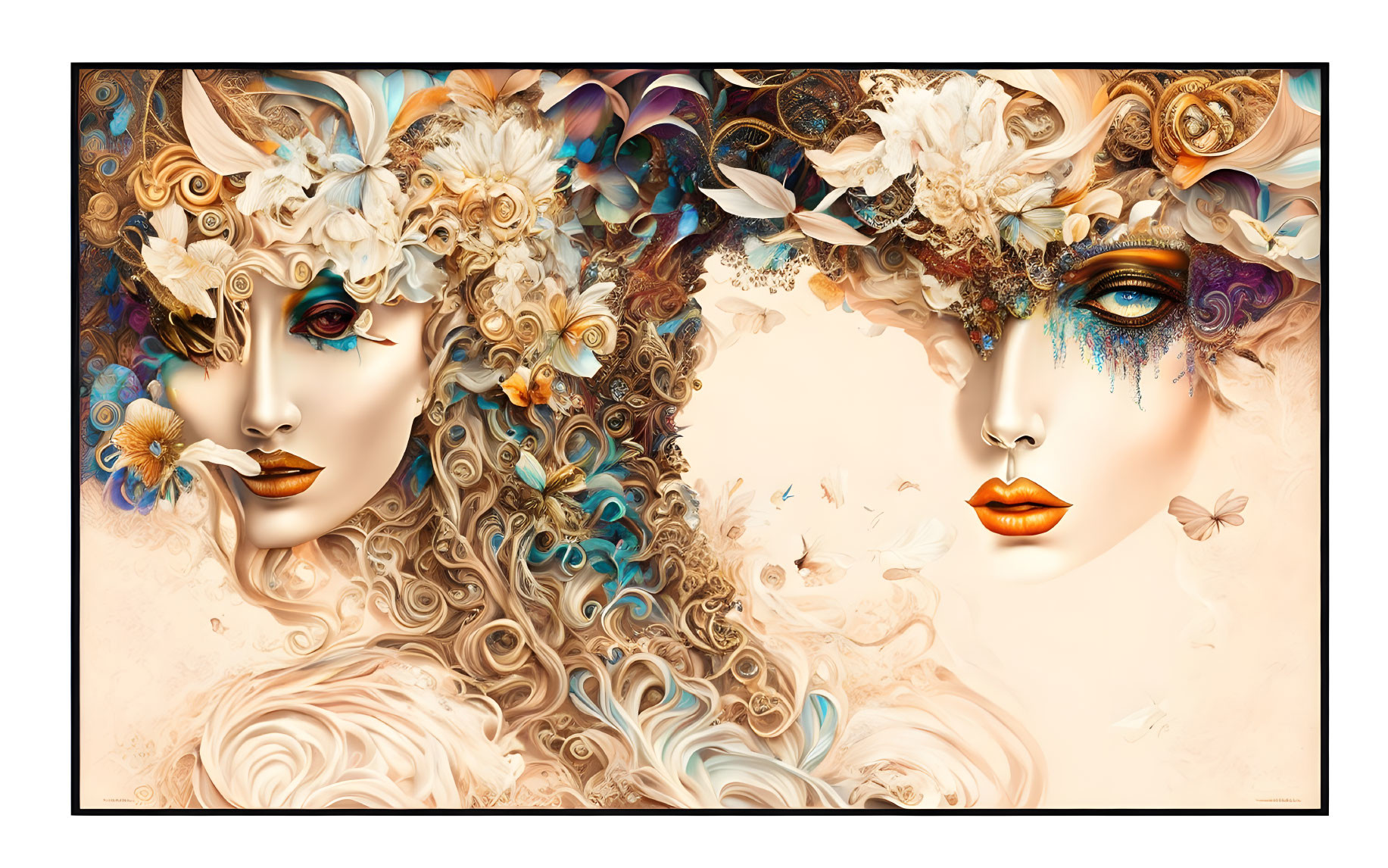 Ornate floral and swirl elements on two faces with vivid makeup