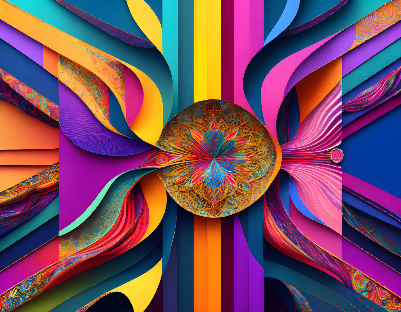 Colorful digital art: Swirling patterns & fractal design with dynamic ribbons & stripes