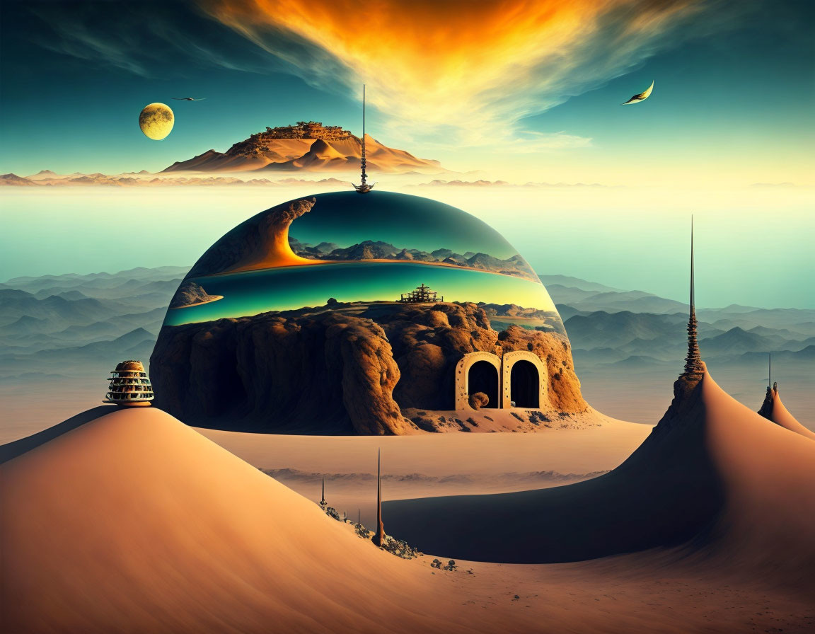 Surreal desert landscape with giant reflective sphere and futuristic structures