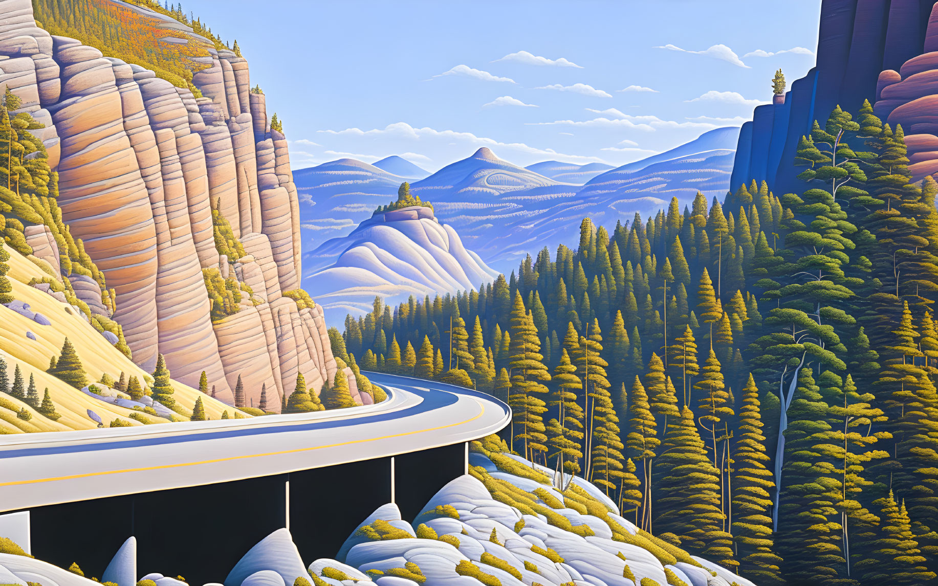 Vibrant landscape illustration with layered mountains, winding road, trees