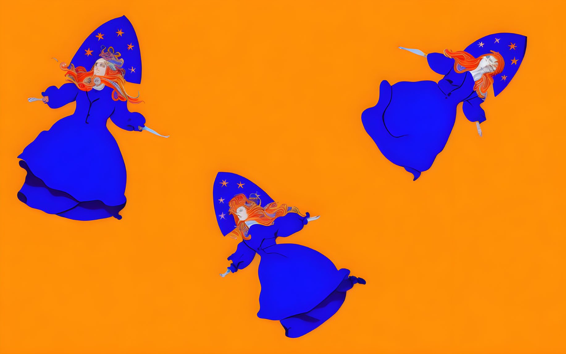 Three witch illustrations flying on broomsticks in blue attire against orange backdrop