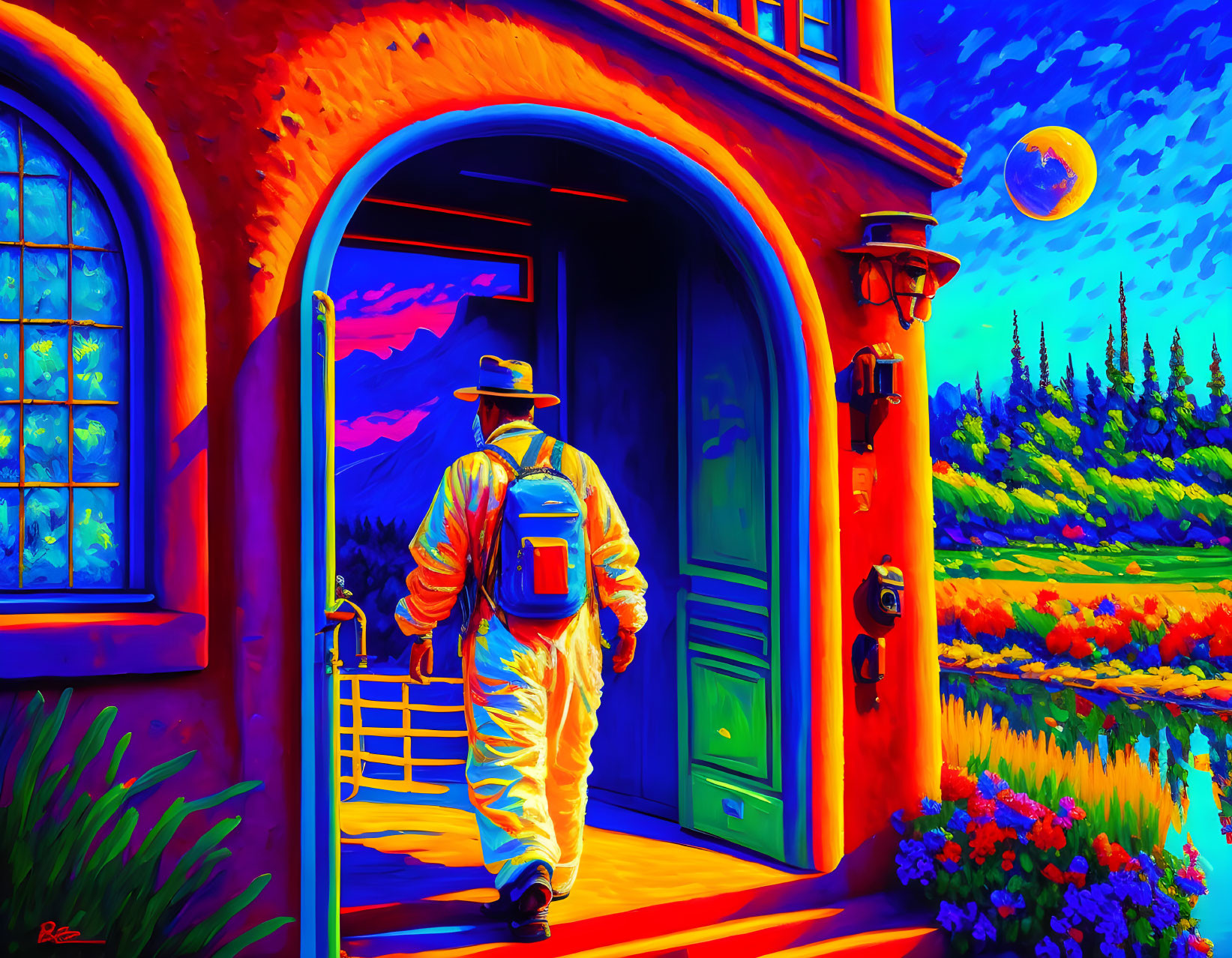 Colorful Landscape with Person Exiting Arched Doorway