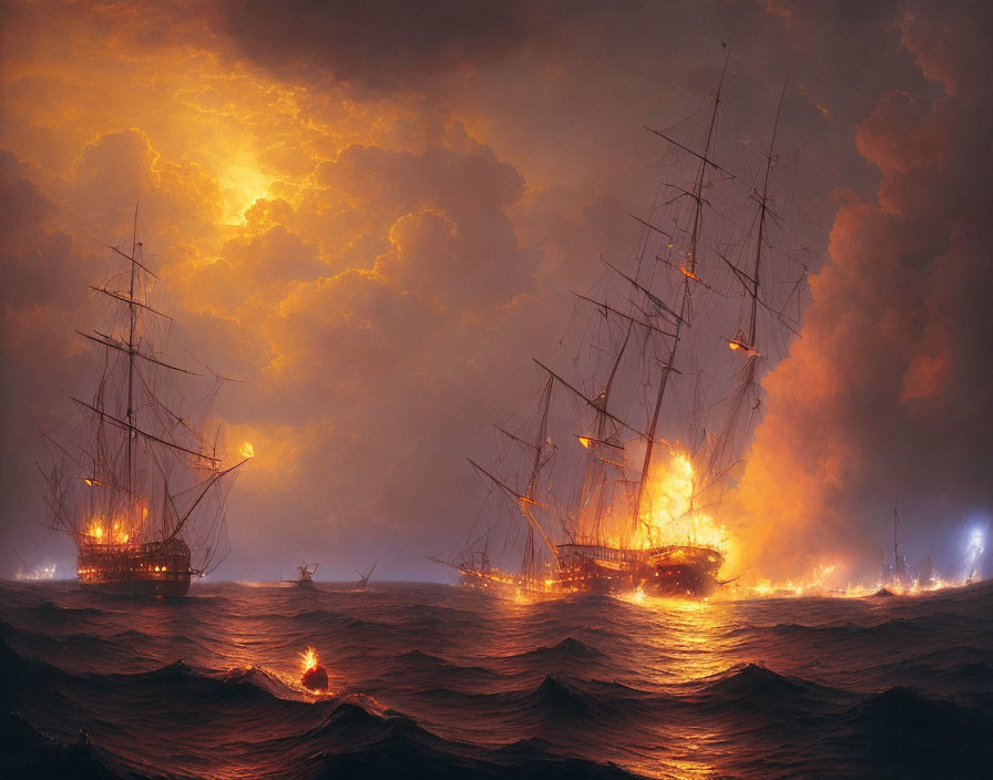 Maritime scene with burning ships in turbulent seas