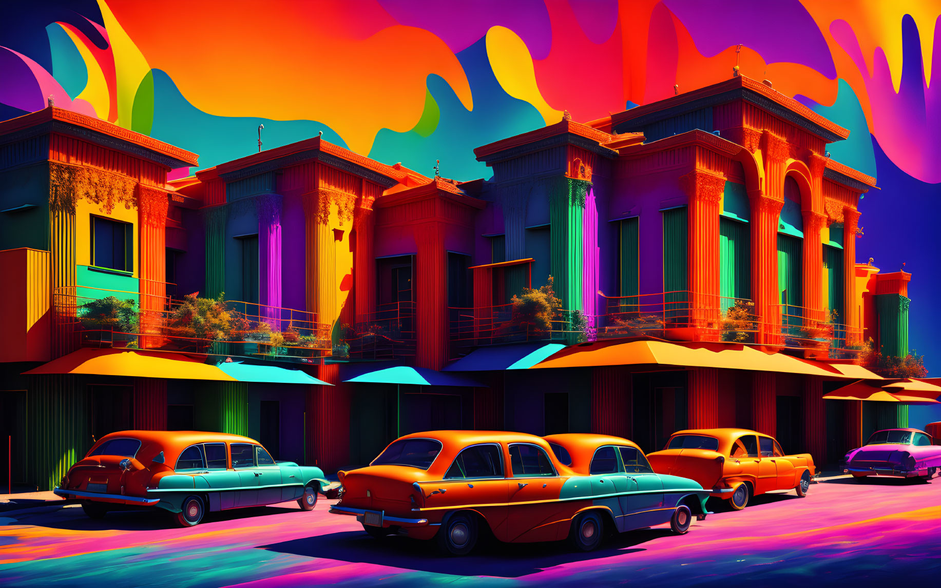 Vibrant street scene with classic cars and colorful houses under psychedelic sky