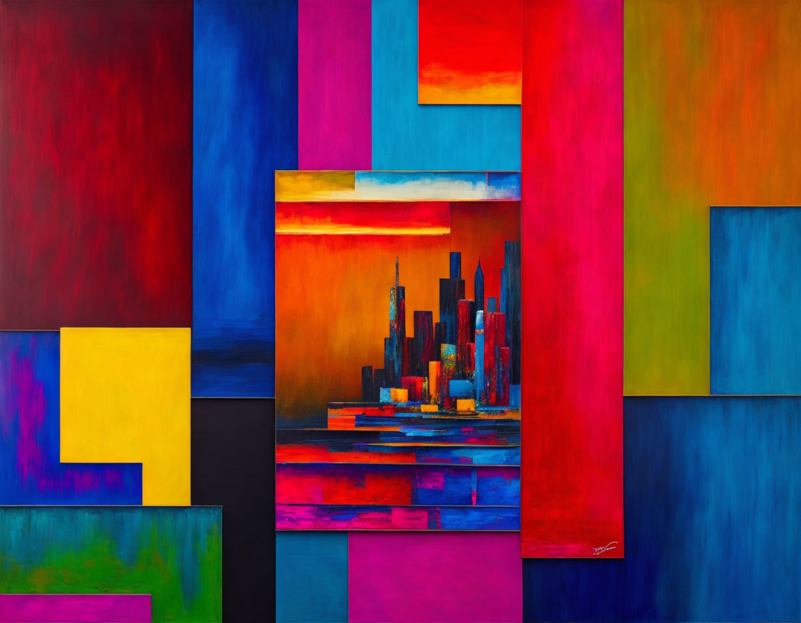 Vibrant geometric painting with cityscape and reflections