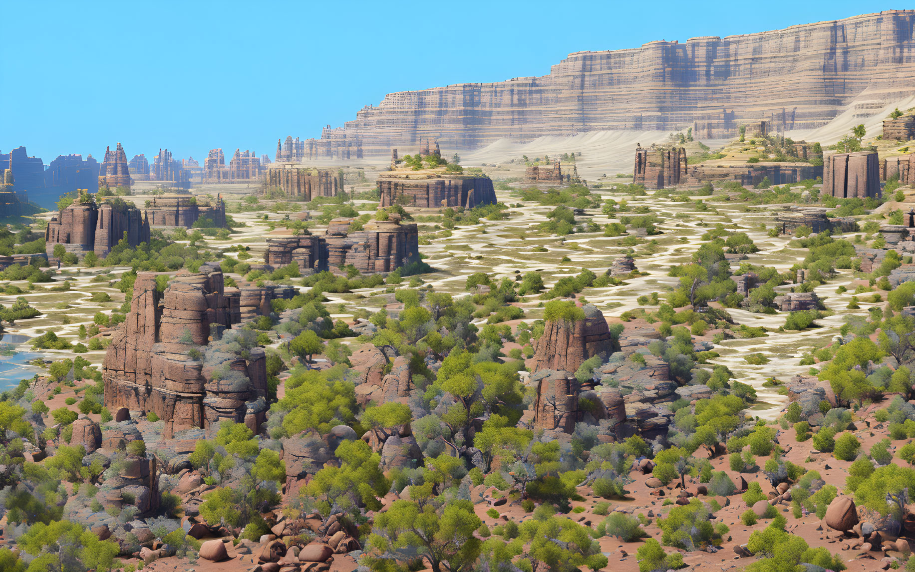 Desert landscape with striated rock formations and sparse green vegetation