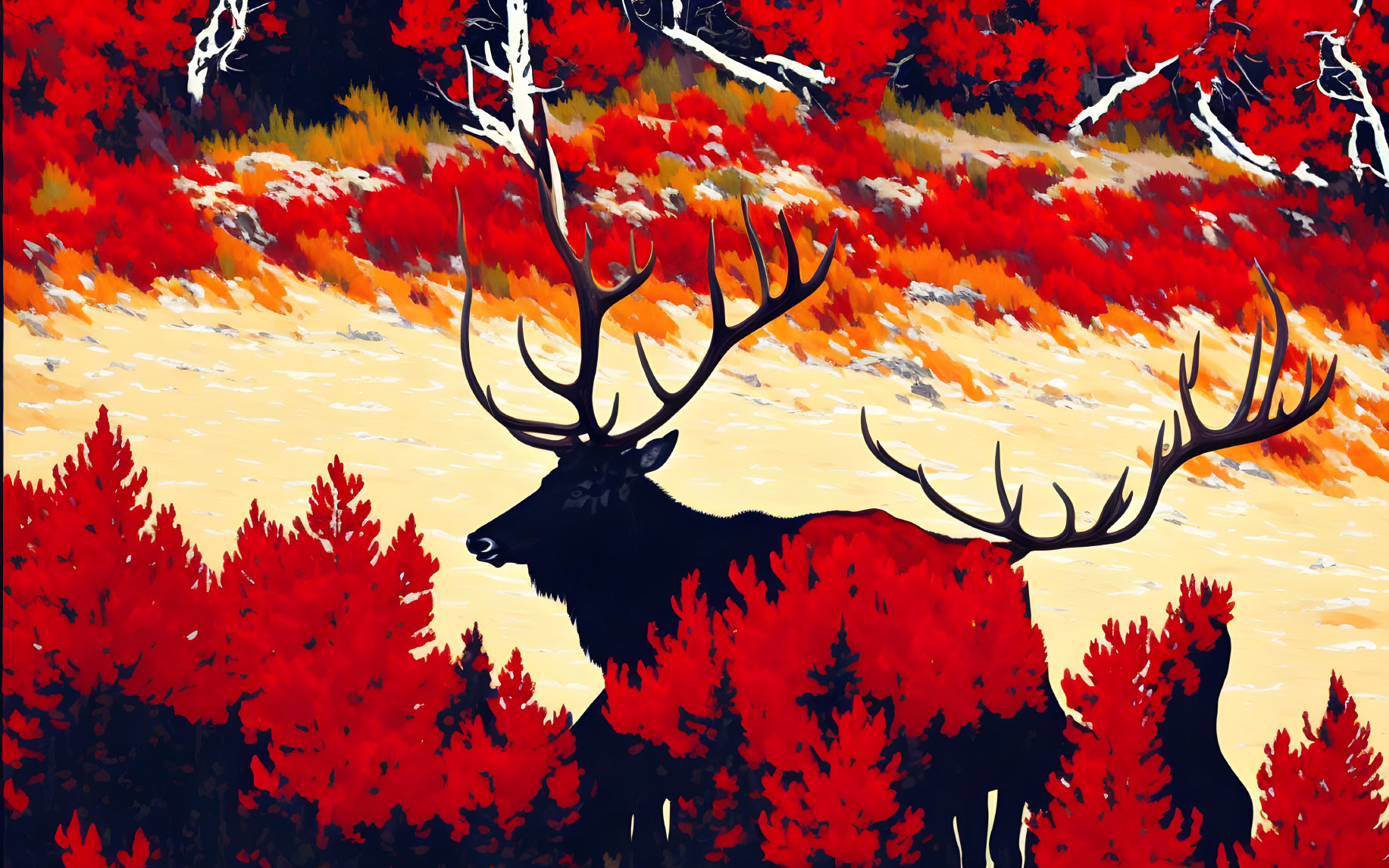 Majestic stag with large antlers in vibrant autumn forest