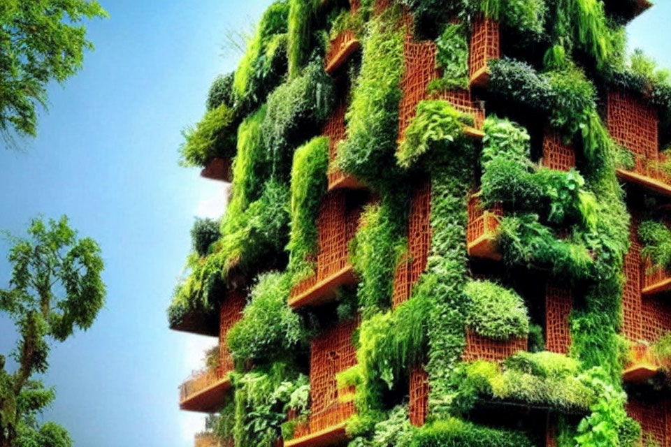 Urban architecture enhanced by lush green vertical gardens under a clear blue sky