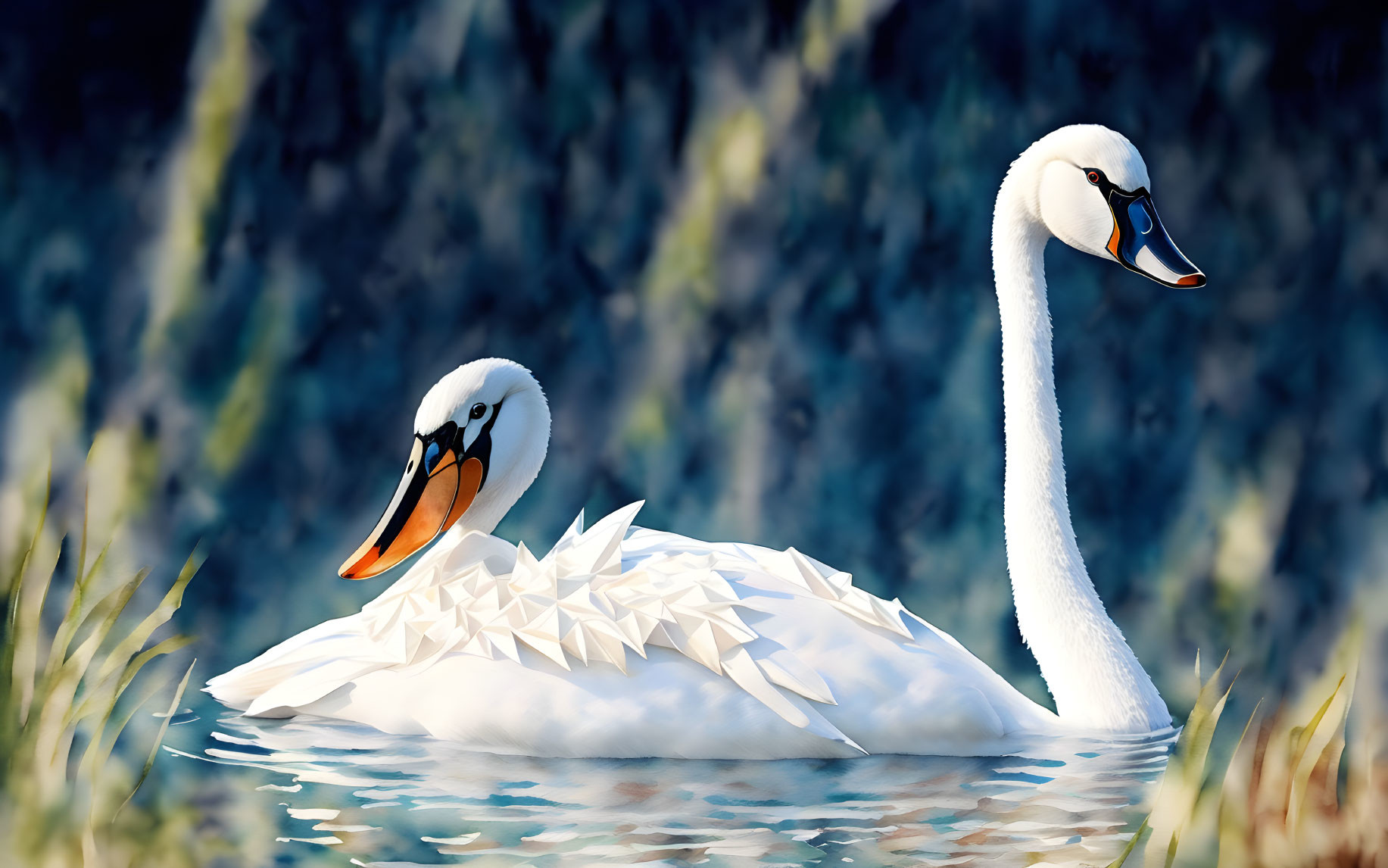 Elegant swans with polygonal texture on water among reeds